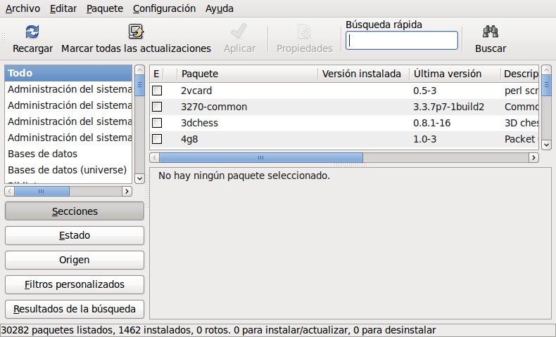 Synaptic, la programo por instali programojn...